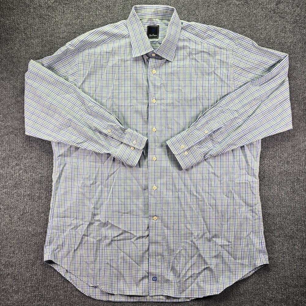 David Donahue Dress Shirt Mens 18 34/35 Blue Green Tattersall Plaid Button Down